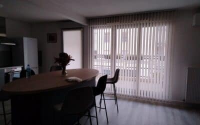 Deux stores intérieurs sur mesure installés dans un salon lumineux.