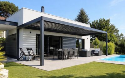 Pergola en bois sur mesure installée dans un jardin à Saint-Genis-Laval.